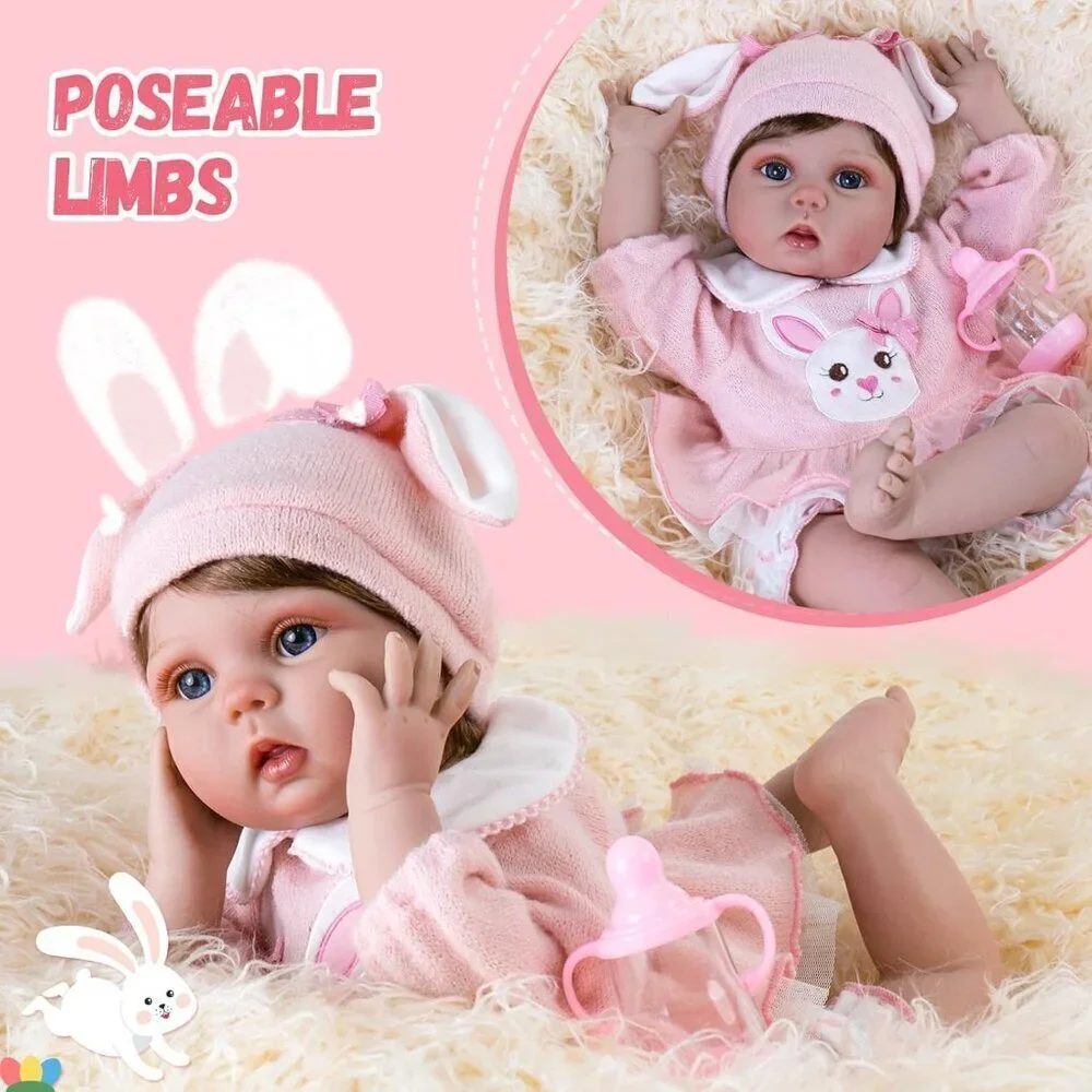 🆕22inch Soft Vinyl Body Newborn Baby Poseable Limbs Open Eyes Reborn Pink Girl